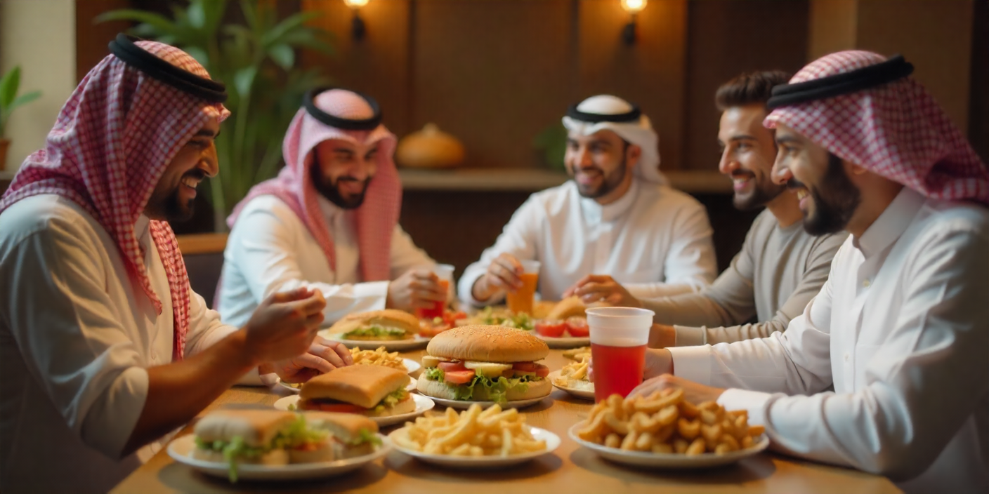 Saudi family enjoying Albaik sandwich combos at home