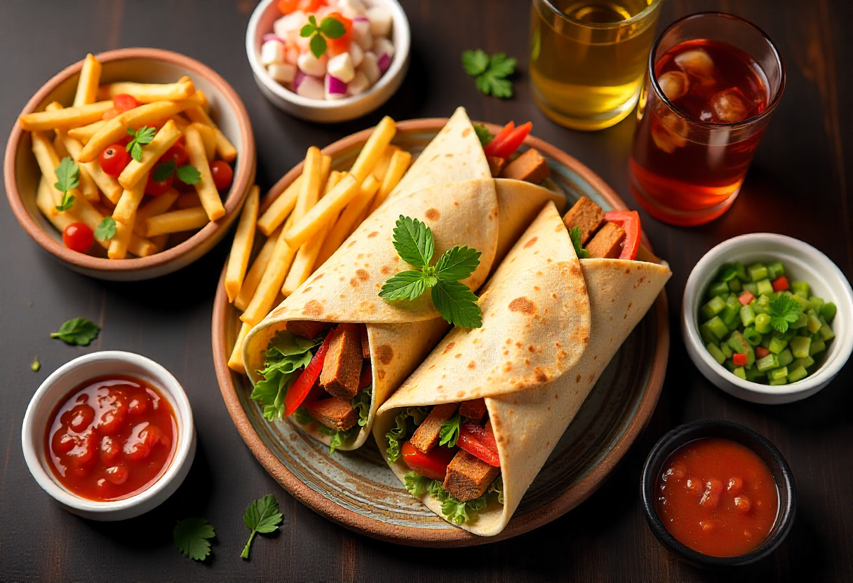 Albaik family pack combo meal with wraps, fries, drinks, and sauces