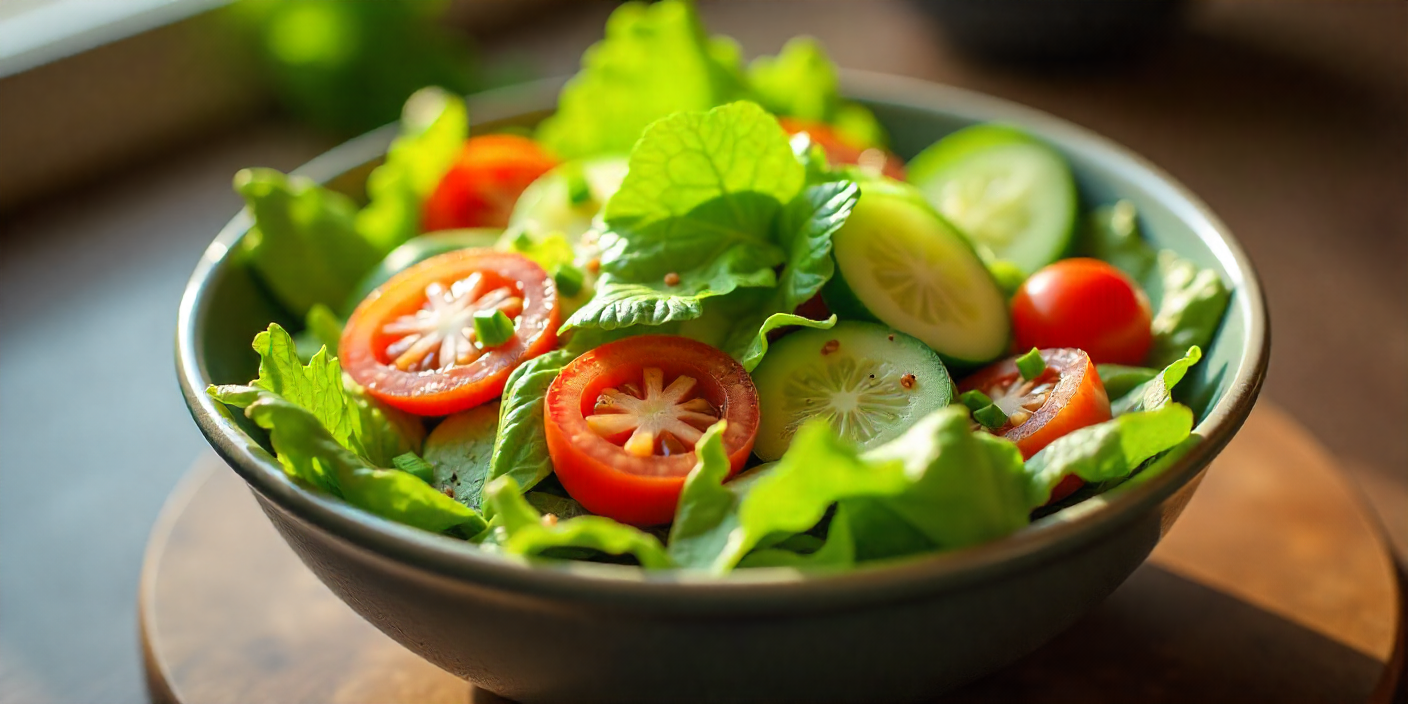 Fresh mixed greens salad with tomatoes and cucumbers.