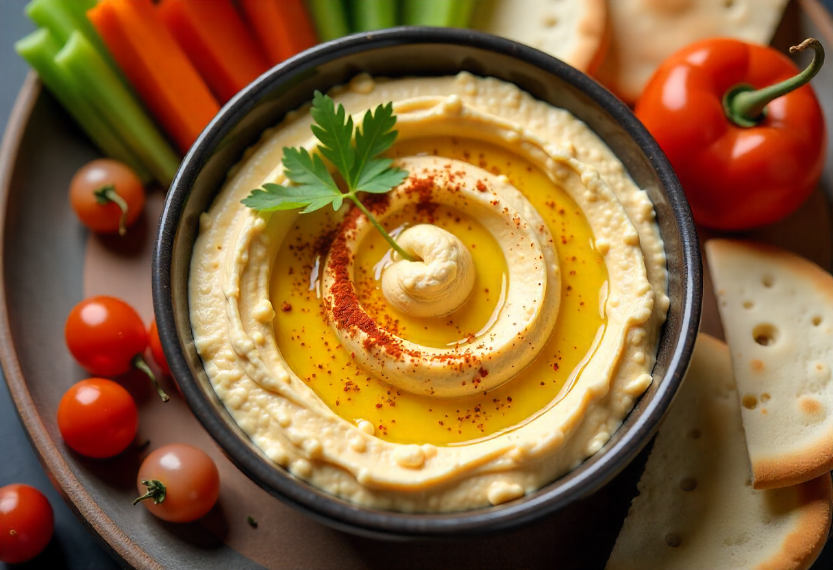 Bowl of Albaik-style hummus with olive oil and paprika