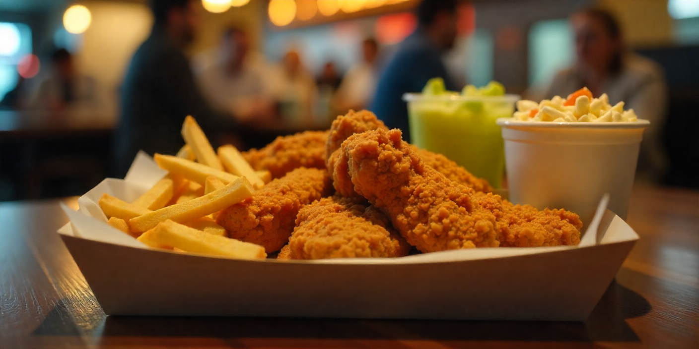 Albaik-style meal tray with coleslaw and salad sides.