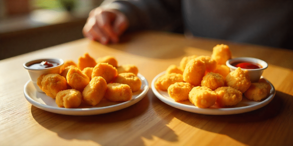 Ultra realistic Albaik nuggets comparison showing 7 piece and 10 piece portions side by side.