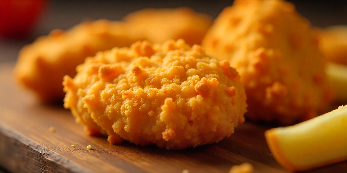 Detailed close up of crispy nugget coating and texture.
