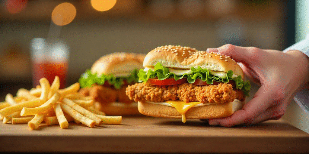 Fresh Albaik Big Baik sandwich with fries and garlic sauce in a Riyadh restaurant setting