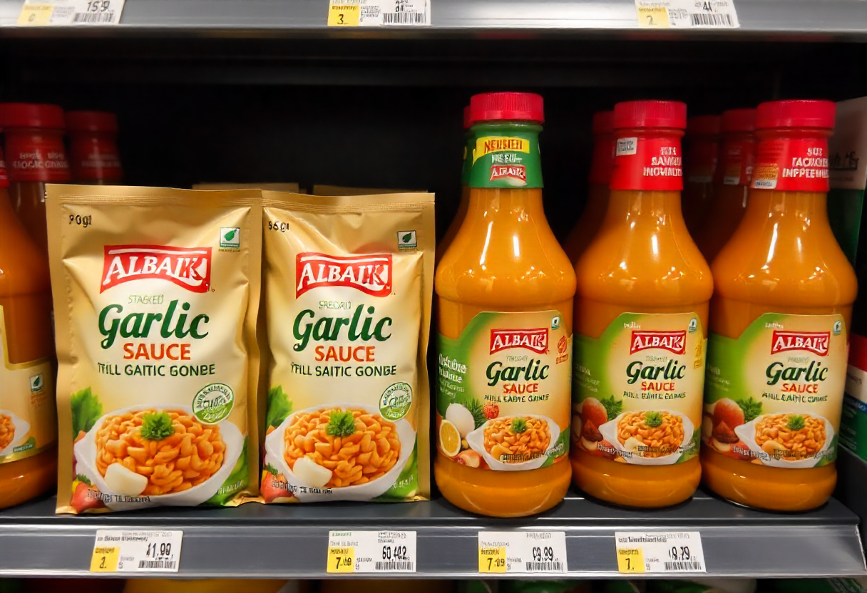 Albaik garlic sauce bottles on a retail shelf