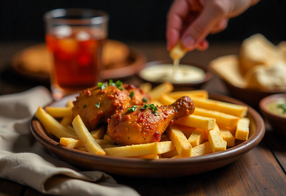 Chicken, fries, pita, and dips in a pairing guide scene