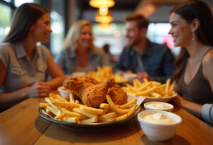 Group enjoying Albaik broasted chicken with garlic sauce and hummus, realistic Saudi restaurant scene