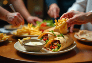 Group enjoying Albaik shawarma wraps and sides in a Saudi restaurant