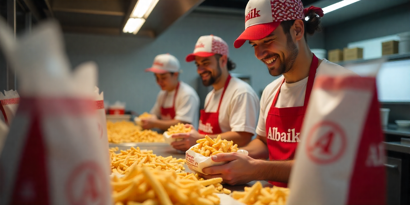 Albaik staff packing shawarma and fries for customer pickup