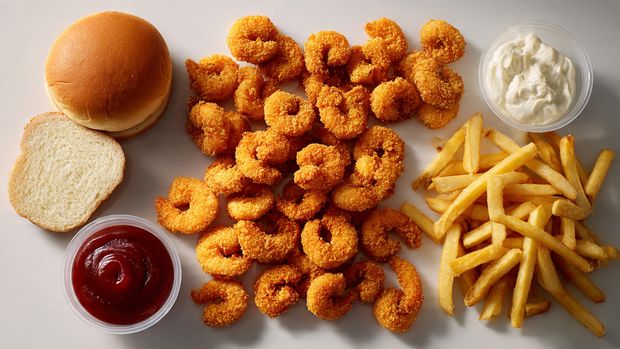 Butterflied fried shrimp, fries, bun, two sauce cups on table