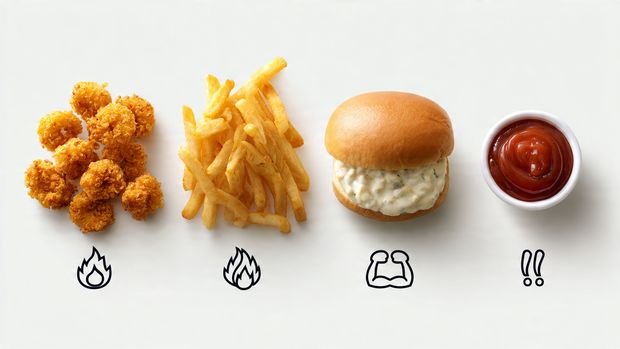 Food items lined up with nutrition icons for calories, fat, protein, allergens