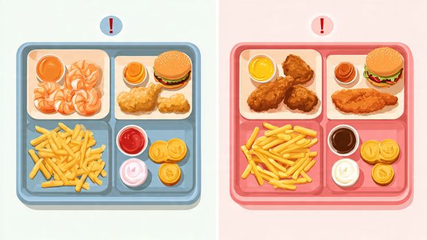 Albaik shrimp meal and chicken meal trays, sauces, fries, coin stacks, nutrition icons, side-by-side