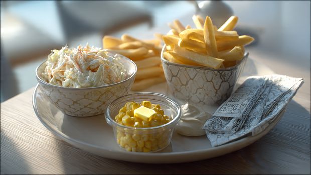 Albaik sides menu plate with coleslaw, corn in a cup, fries and garlic sauce, KSA and USA vibes