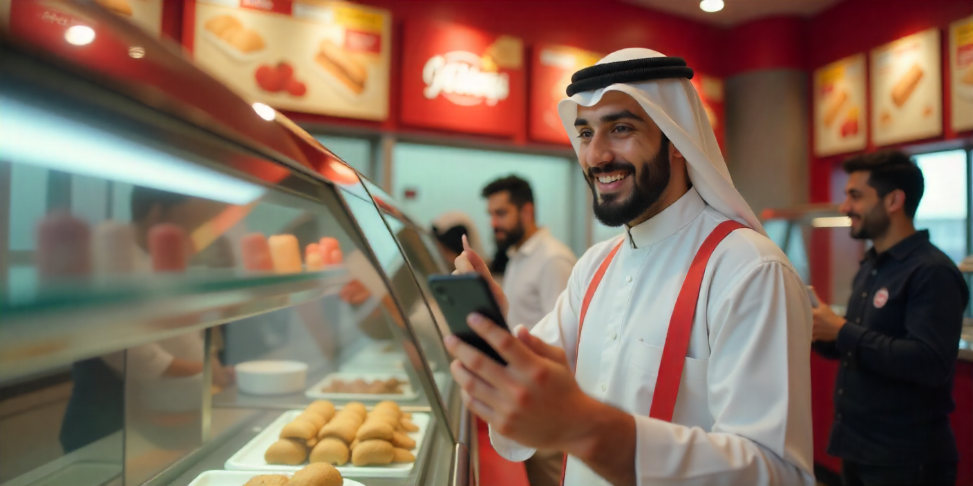 Tourist using phone to order from Albaik dessert menu Maamoul and shakes in Saudi Arabia