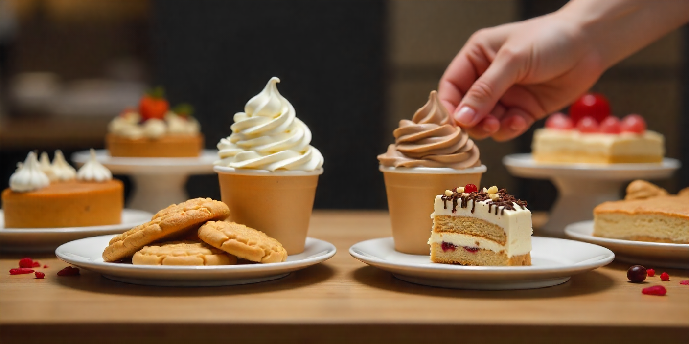 Create a realistic composition comparing simple fast food desserts inspired by the Albaik dessert menu with more elaborate bakery desserts from GCC style cafes. On one side of the table, show Maamoul cookies and basic ice cream cups in a fast food setting. On the other side, show taller cakes, tarts, and decorated pastries on cake stands, slightly more upscale. Use depth of field so both sides are clear enough to compare, and include subtle human presence like someone reaching for the simpler, value dessert. Neutral background, no text or logos.