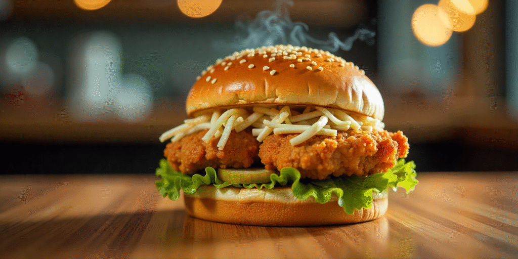 Albaik double baik burger with two crispy chicken fillets, coleslaw, pickles and sauce on a wooden table