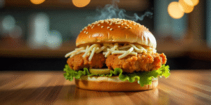 Albaik double baik burger with two crispy chicken fillets, coleslaw, pickles and sauce on a wooden table