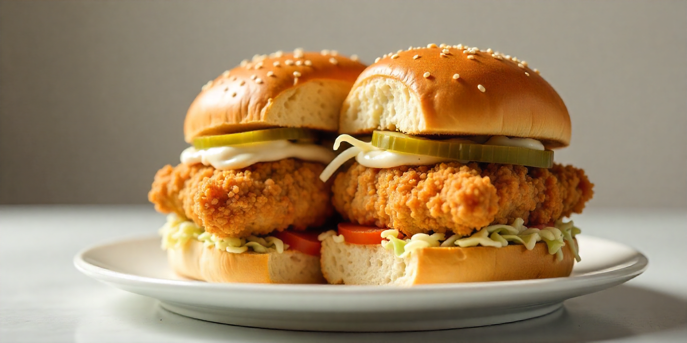 Half-cut Albaik double baik showing two chicken fillets, coleslaw, pickles and sauce inside a soft bun