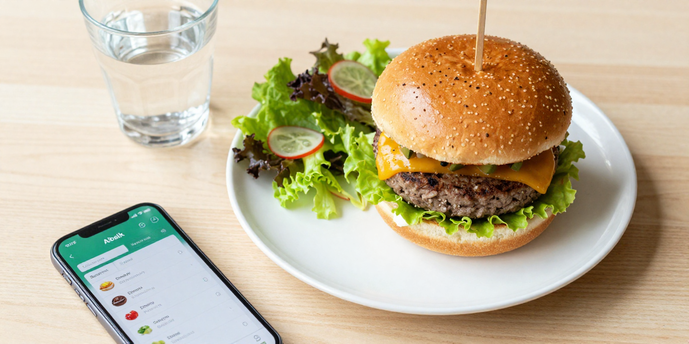 Albaik double baik burger served with a side salad and water next to a phone showing nutrition tracking