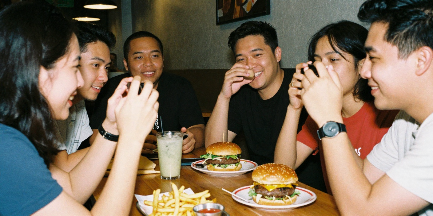 Group of American friends taking photos of an Albaik double baik style burger at a casual restaurant
