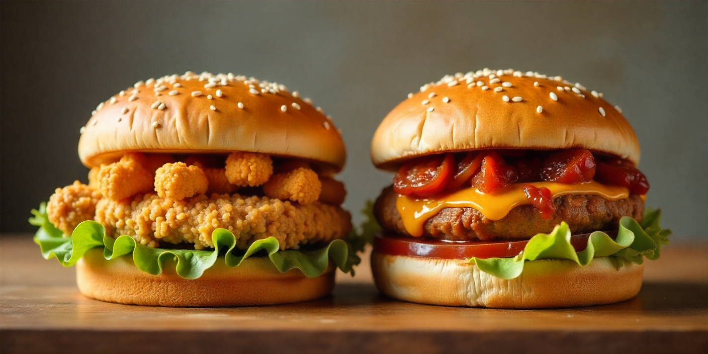 Albaik double baik style burger next to a greasier generic burger to show texture and quality difference