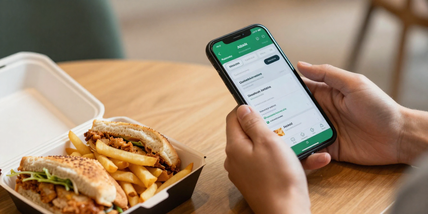 Customer ordering an Albaik fillet sandwich on a smartphone with the delivered sandwich meal on the table
