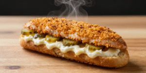 Crispy Albaik fillet sandwich in Arabic bread with garlic sauce and pickles on a wooden table