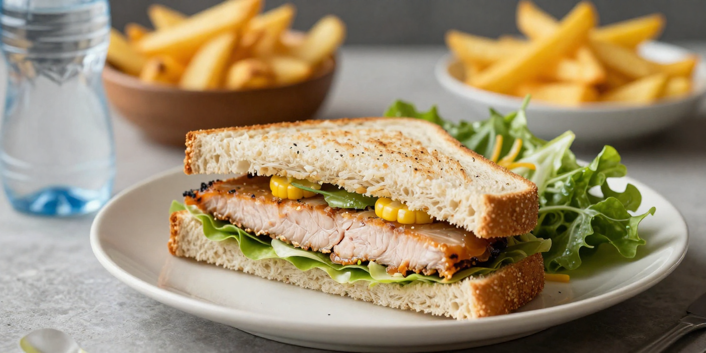 Albaik fillet sandwich served with salad and corn while fries and soda are blurred in the background