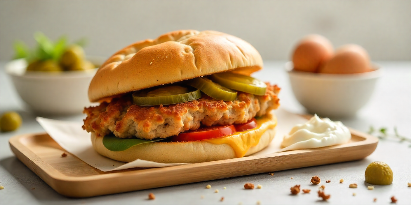 Deconstructed Albaik fillet sandwich showing chicken fillet, bread, garlic sauce, pickles, and common allergen ingredients