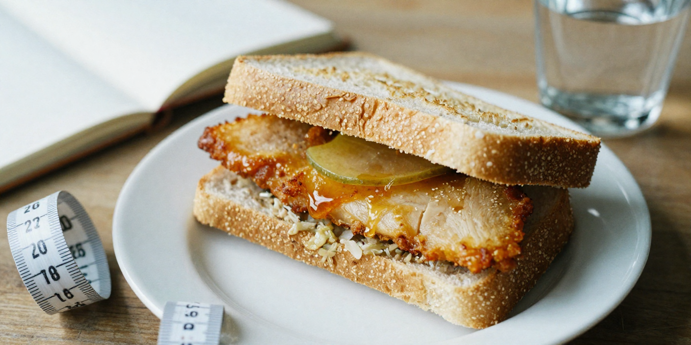 Albaik fillet sandwich on a plate with water and a measuring tape symbolizing calories and macros