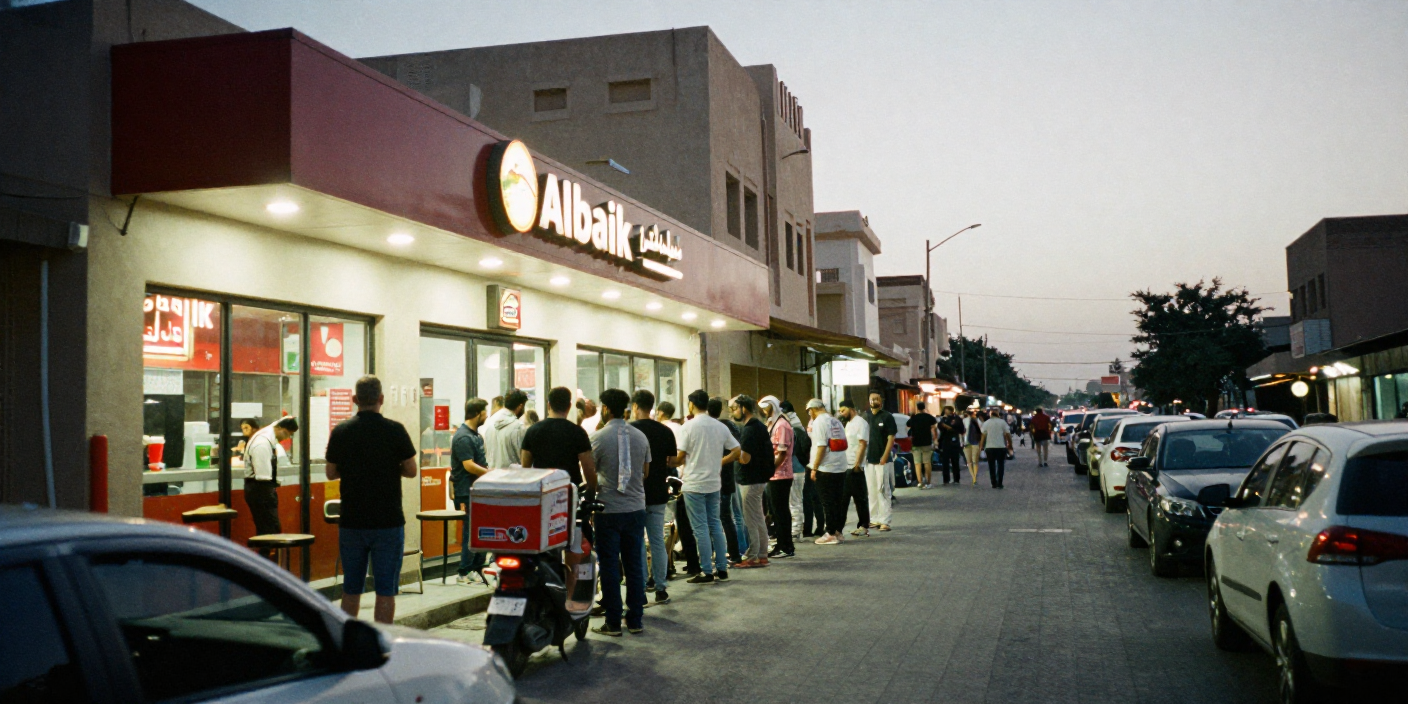 Busy Saudi fast-food restaurant at night with customers lining up for fried chicken and Albaik fillet sandwiches