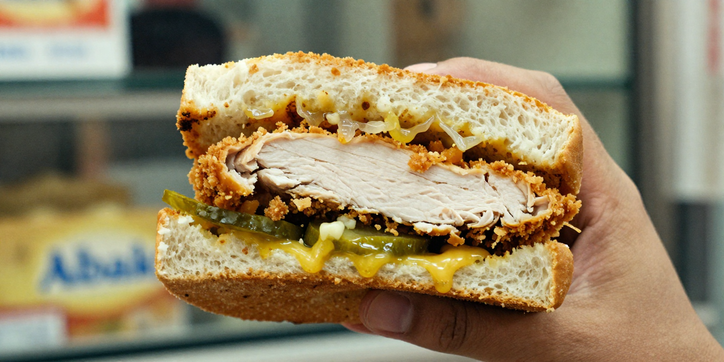 Close-up bite of an Albaik fillet sandwich showing crunchy coating, juicy chicken, garlic sauce, and pickles