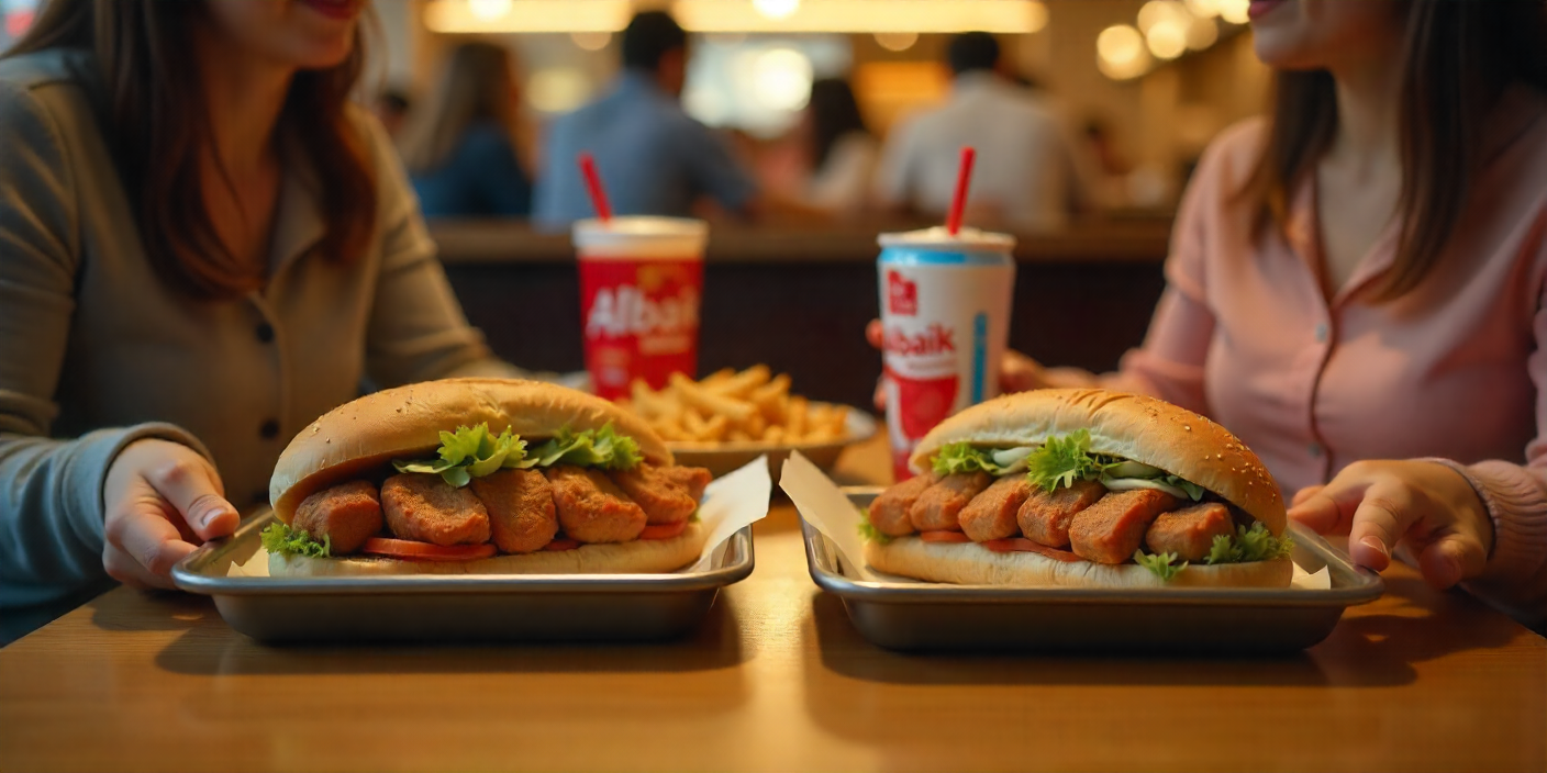 Friends sharing an Albaik fillet sandwich meal with one lighter combo and one full combo on the table.