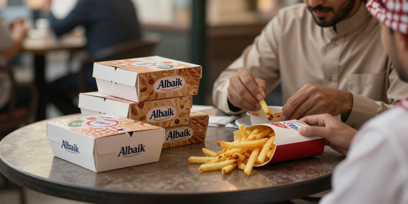 Realistic takeaway scene with Albaik food bags and boxes placed on a car seat or café table, fries visible, natural evening lighting, no phone screens readable, no text, casual Saudi lifestyle setting, documentary photography style, slight motion blur, high realism