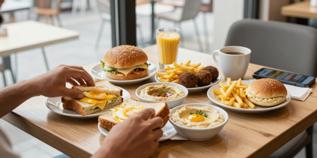 Albaik breakfast menu 2026 full spread with egg sandwiches falafel hummus and corn