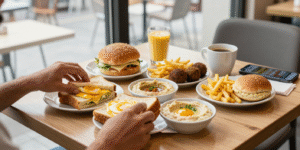 Albaik breakfast menu 2026 full spread with egg sandwiches falafel hummus and corn