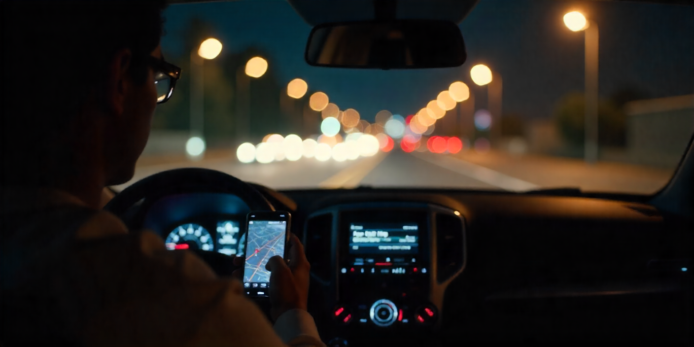 “Hungry driver sitting in car searching Albaik Near Me on phone before choosing a branch”