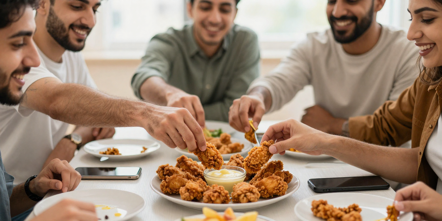 “Group of friends happily eating fried chicken after meeting at a branch they found via Albaik Near Me”