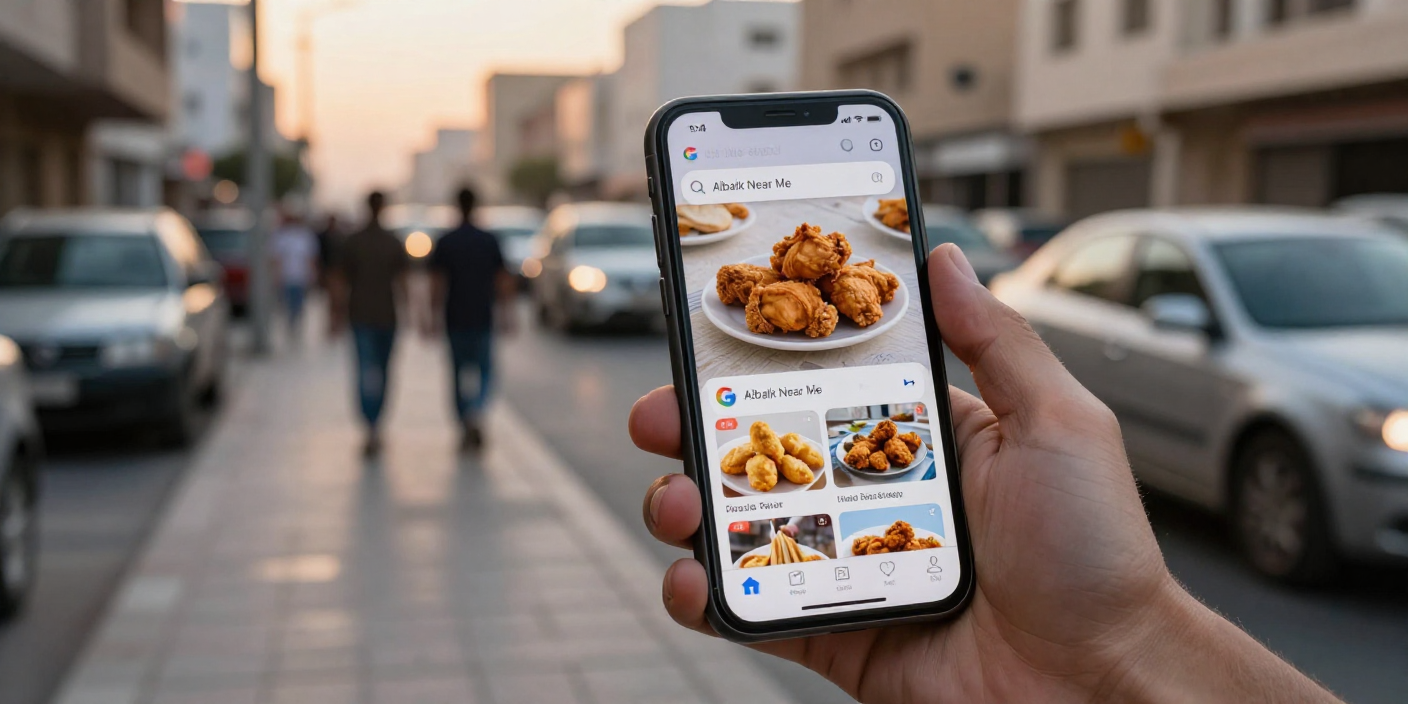“Person holding phone on the street using Google Maps to search Albaik Near Me in 2026”Albaik Near Me 