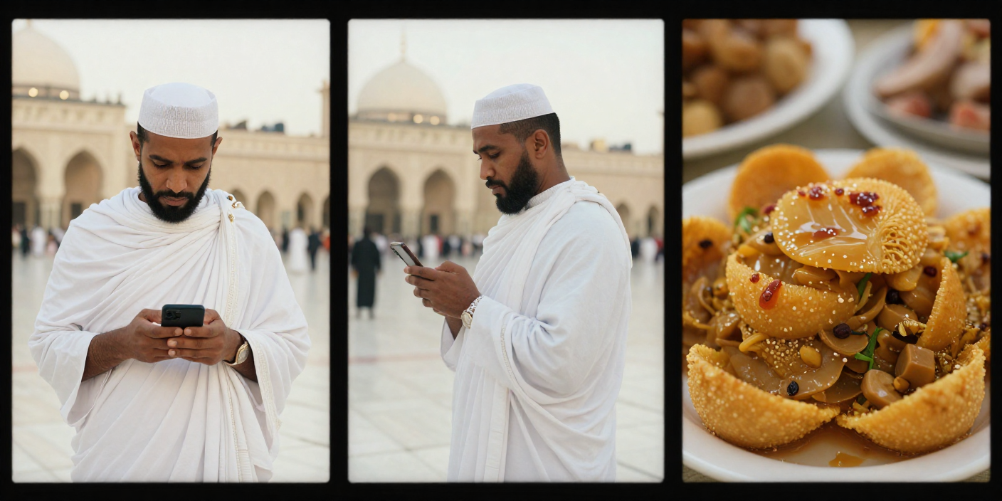 “Pilgrims, travelers and mall visitors using their phones to search Albaik Near Me around them”
