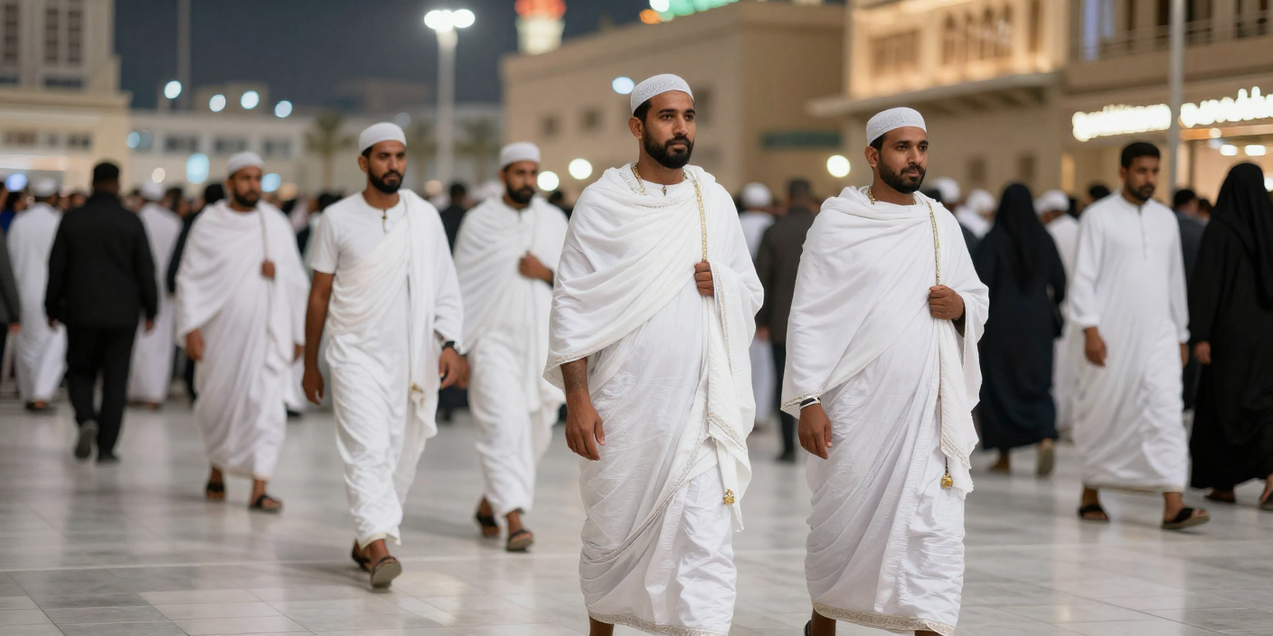 “Pilgrims walking on foot towards a fried chicken branch after searching Albaik Near Me near the Haram”