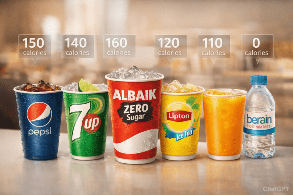 Albaik Drinks 2026 calories chart Pepsi 7Up Mirinda Lipton Ice Tea