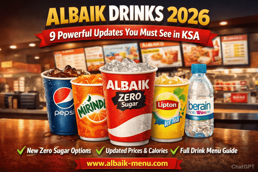Albaik Drinks 2026 updated beverage menu with prices and calories in Saudi Arabia