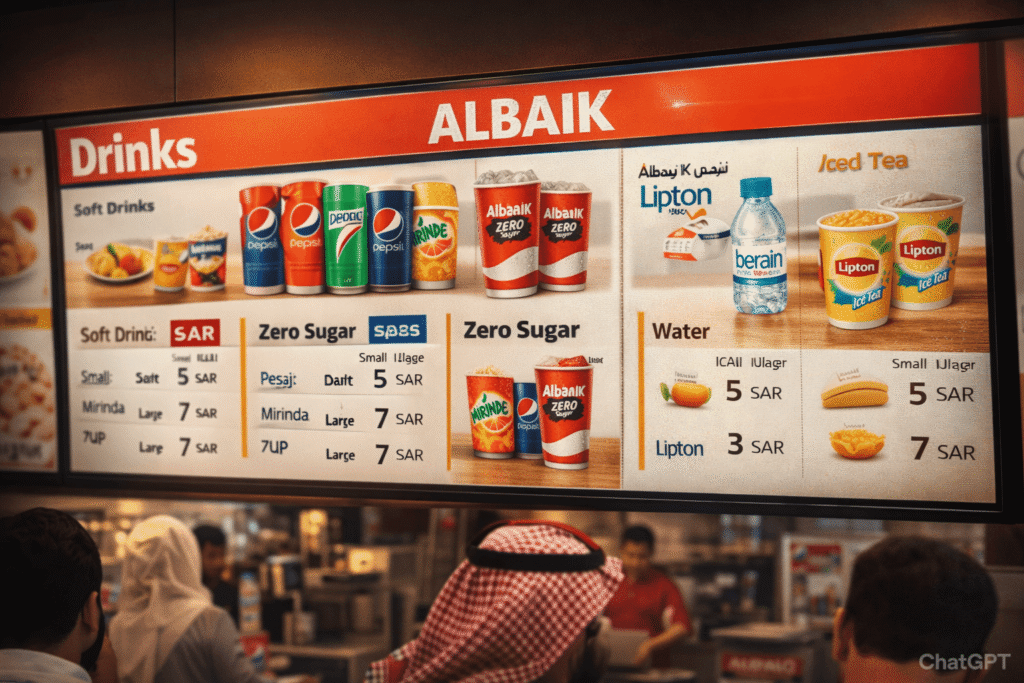 Albaik Drinks 2026 updated menu board with prices and size options in KSA