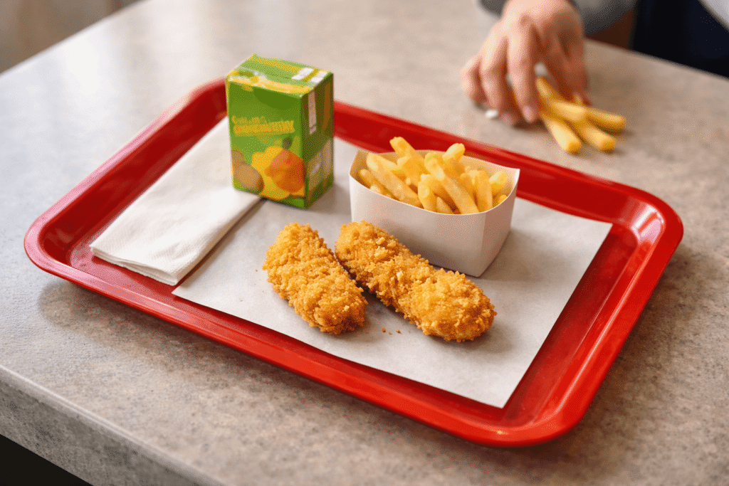 Albaik Kids Menu 2026 kid sized chicken strips meal close up.