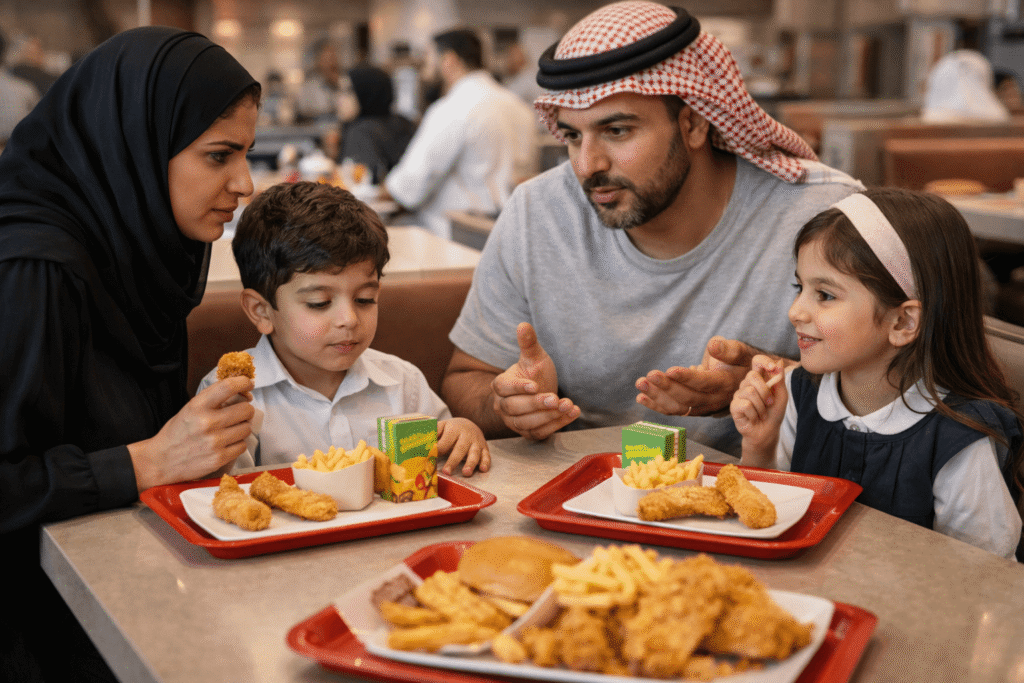 Albaik Kids Menu 2026 Saudi parents discussing kids portions at table