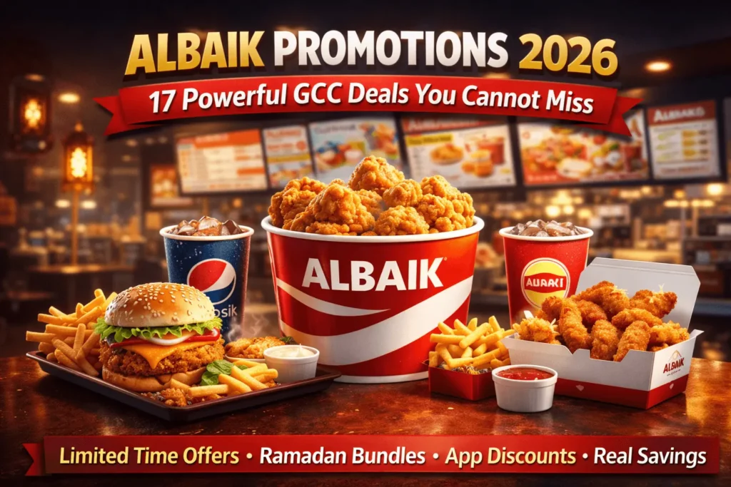 Albaik Promotions 2026 featured image showing family bucket deals, combo meals, and limited time GCC restaurant offers
