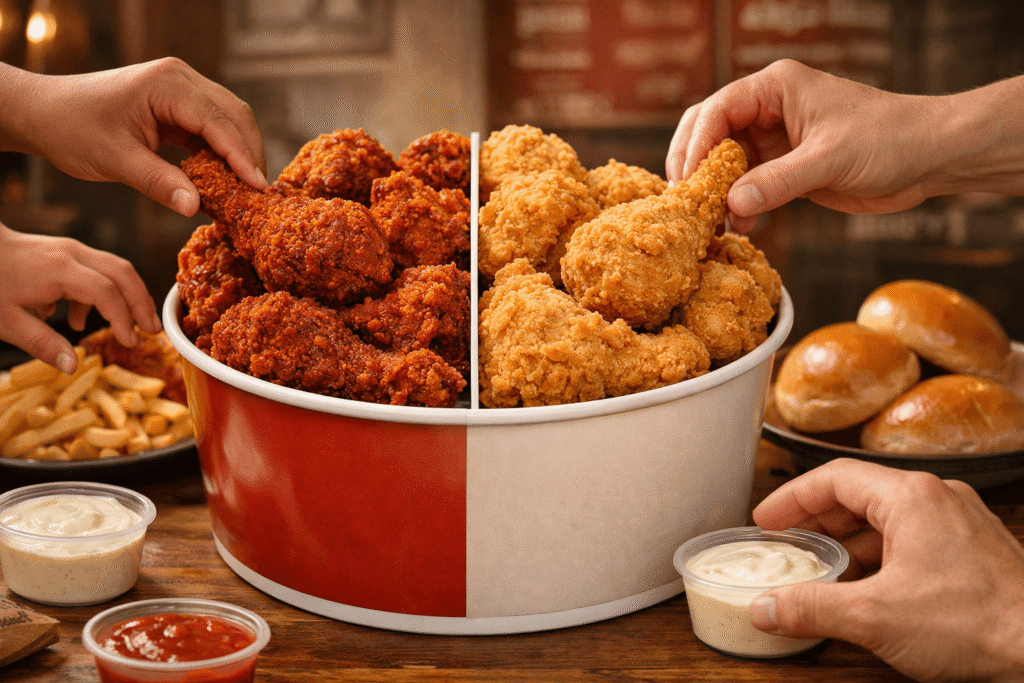 Albaik Spicy Vs Regular Chicken 2026 side by side comparison bucket with spicy and regular pieces