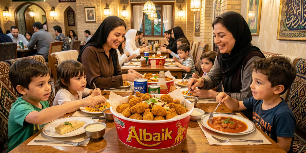 Albaik Spicy Vs Regular Chicken 2026 mixed bucket on a family table with kids choosing regular and adults picking spicy