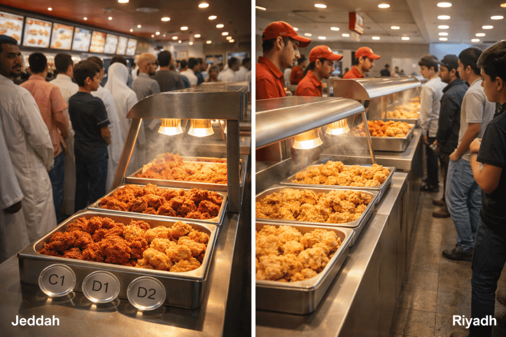 Albaik Spicy Vs Regular Chicken 2026 being served fresh at a busy Jeddah branch compared to a quieter Riyadh counter